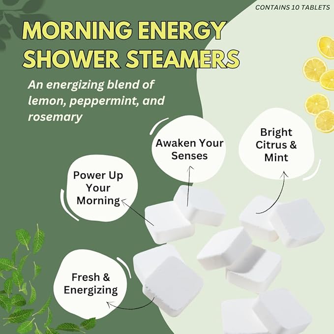 Morning Energy Shower Steamers Aromatherapy 10 Pack - Energizing Peppermint and Lemon Essential Oils for Morning Energy - USA Made Natural Shower Bombs Aromatherapy Gift - Dye-Free