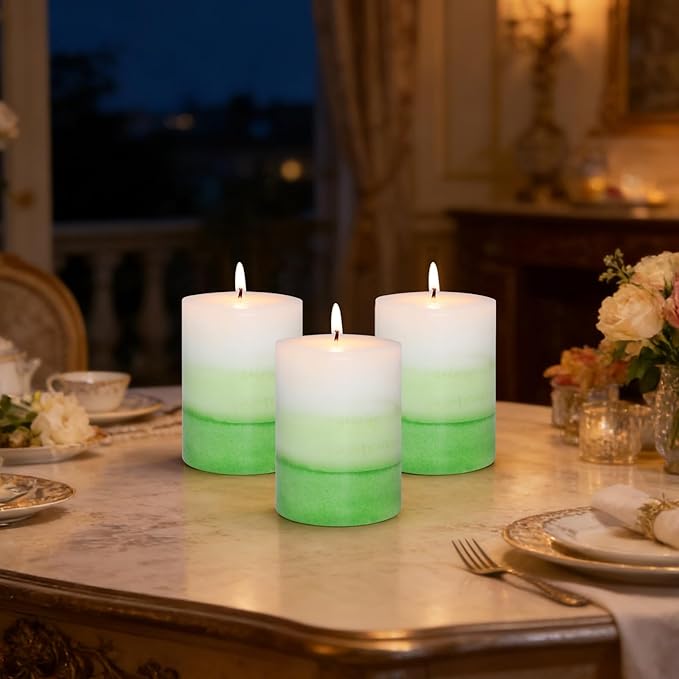 Pillar Candles 3x4 Inch Eucalyptus Scented Hand-Poured Layered Green Gradient Candle Long Lasting Clean Burn Candle for Home Scented Relaxation Spa Holiday Dinner Table Rustic Decor, 3 Pack