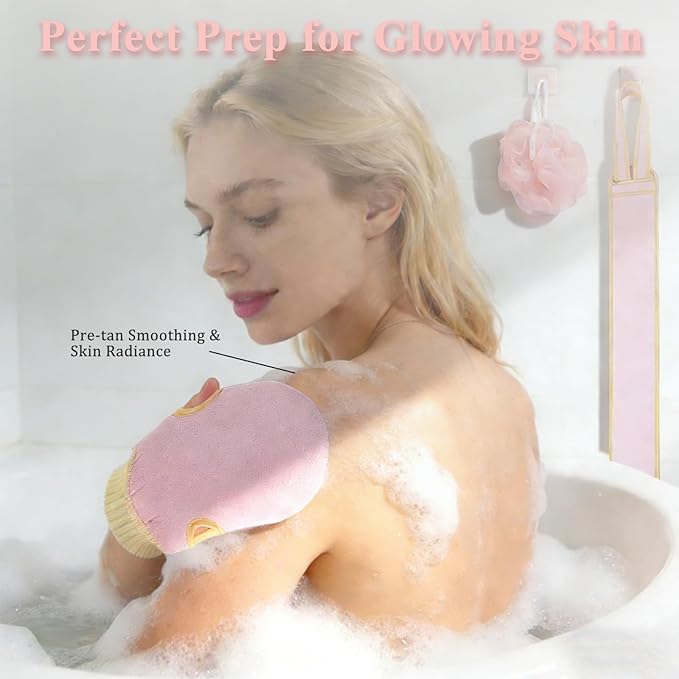 Exfoliating Glove and Back Scrubber for Shower - 3-Piece Exfoliating Mitt Set with Bath Sponge - Deep Skin Cleansing Body Scrubber for Dead Skin Removal, Self-Tan (Pink)