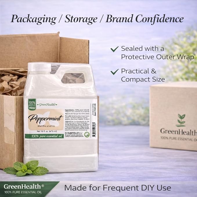 GreenHealth Peppermint Essential Oil – 16 fl oz | 100% Pure & Uncut | Heavy-Duty Plastic Jug | FDA Compliant, Space-Saving Container | for Aromatherapy, Soap, Candles, Cleaning, DIY