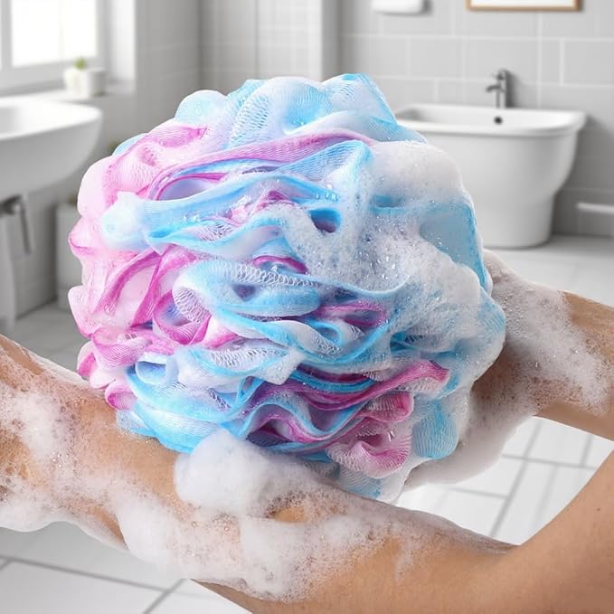 BTYMS XXL Large Loofah Bath Sponge 100g/pc, Exfoliating Mesh Pouf Bath Scrunchies Shower Puffs - Pack of 4
