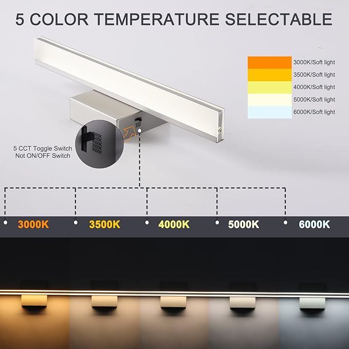 LED Brushed Nickel Vanity Lights for Bathroom Light Fixtures 5CCT Dimmable Vanity Light Bar Bathroom Lighting 15.7' Inch 12W