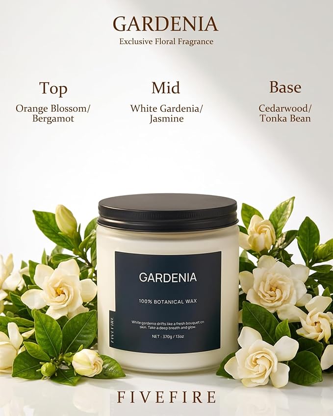 Gardenia Home Scented Candles, 13oz Organic Soy Wax, 76-Hour Clean Burning, Natural Candles Non Toxic, White Floral Scent for Relaxation, Aromatherapy Housewarming Candle for Men Women
