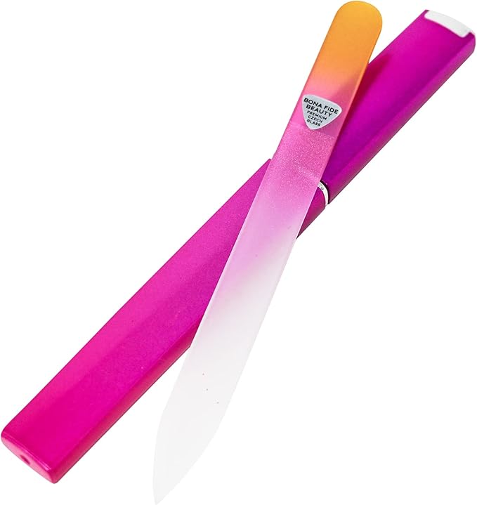 Bona Fide Beauty Glass Files for Nails, Professional Manicure Glass Fingernail Files with Case. 1-Piece Gold Magenta Nail File Made in the EU.