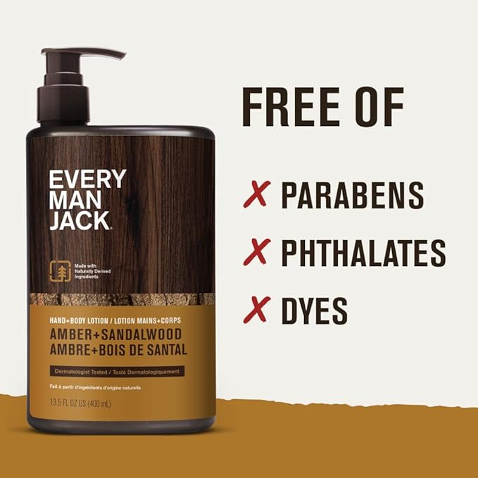 Every Man Jack Mens Amber + Sandalwood Hand & Body Lotion for All Skin Types - Dermatologist Tested & Hypoallergenic - Nourish Skin with Lightweight Fast Absorbing Lotion - 13.5oz (2 Pack)