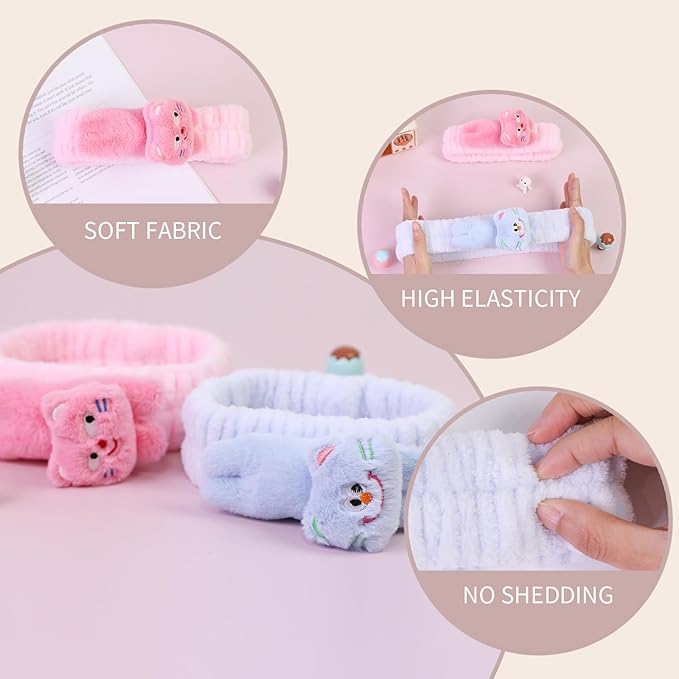 Kawaii Spa Headbands for Women Girls - 2 Pack Cute Soft Fleece Facial Headbands for Makeup, Skincare, Bath, Shower, Beauty and Face Washing, Pink+Blue Cat