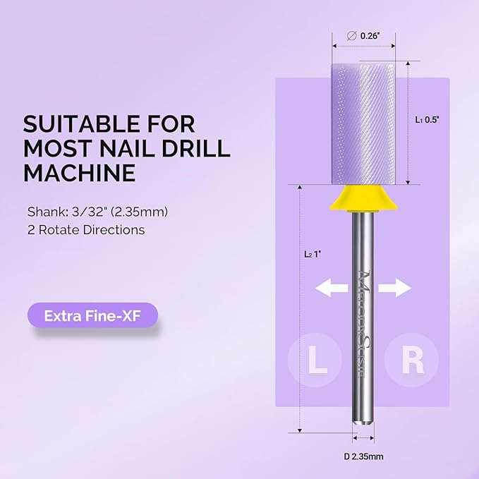 MelodySusie Ceramic Nail Drill Bits, 3/32'' Chamfer Flat Top Large Barrel Bits, Fast Remove Acrylic or Hard Gel, Nail Tool for Manicure Pedicure, Salon Home, Professional or Beginner, Purple, XF
