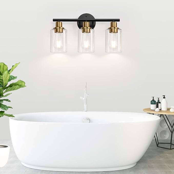 Zarbitta 3-Light Bathroom Light Fixtures, Black and Gold Bathroom Wall Lights, Modern Vanity Light with Clear Glass Shade, Bathroom Wall Lamp for Mirror Kitchen Bedroom Hallway Cabinet