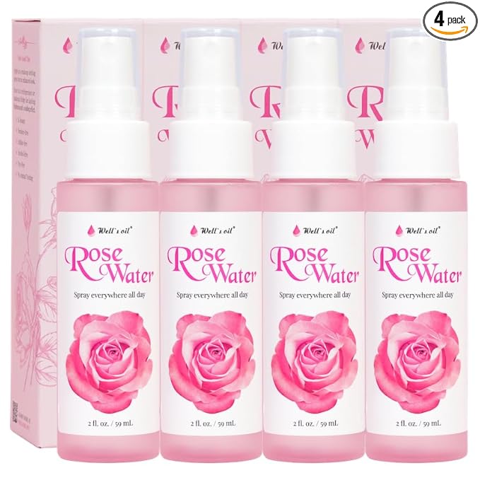 Well's Oil Rosewater Face & Hair Mist Spray (2 fl oz / 59 mL) | 4-Pack | Floral Rosewater Hydrosol | Alcohol-Free