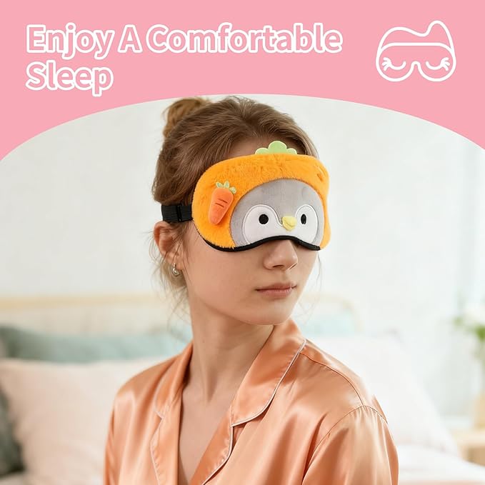 PERFECTSIGHT Sleep Eye Masks, Cute Sleep Eye Cover Lightweight Adjustable Eyeshade Mask Cover for Women Men Sleep Travel Nap, Carrot Penguin