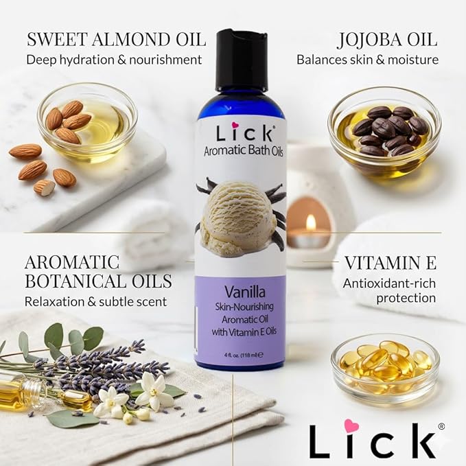 Lick Vanilla Aromatic Bath Oil - Dessert Aromas Collection - Lightweight Soaking Oils for Relaxation, 4 oz