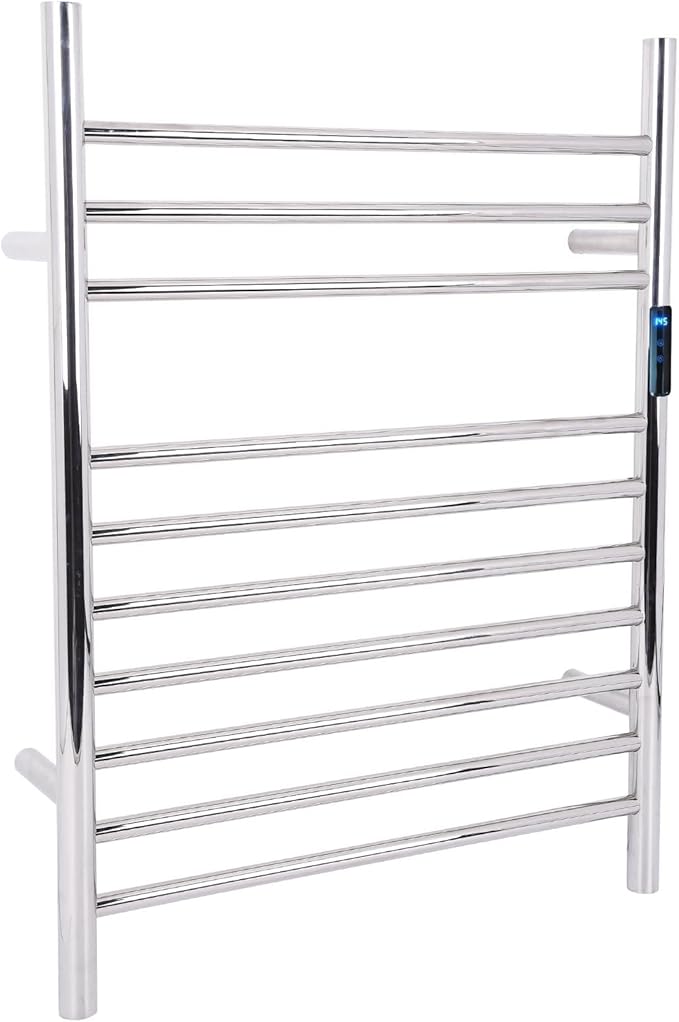 10-Bars Silver Heated Towel Rack–23" Wall Mounted Towel Warmer with Timer & Temperature Control, Stainless Steel