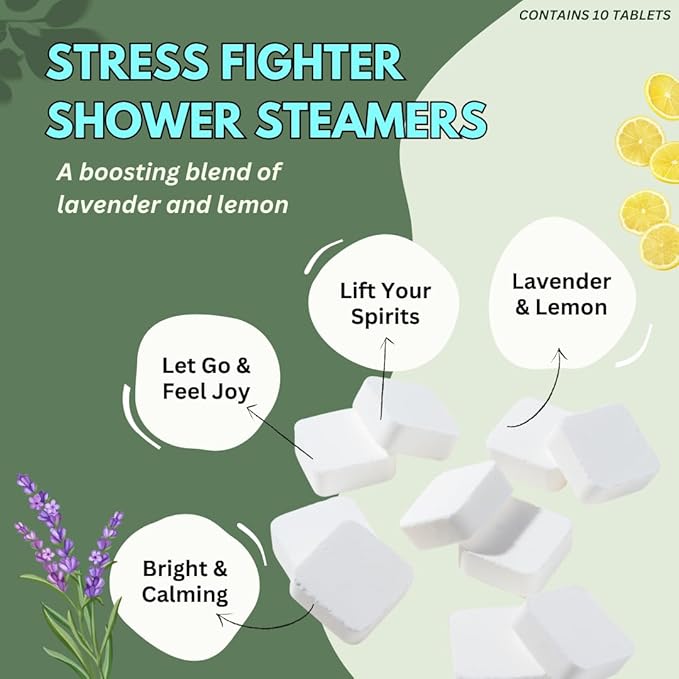 Stress Fighter Shower Steamers Aromatherapy for Relaxing - USA Made Mothers Day Gift for Mom - Lavender & Lemon Shower Bomb Tablets – Soothing Natural Essential Oils (10 Pack)