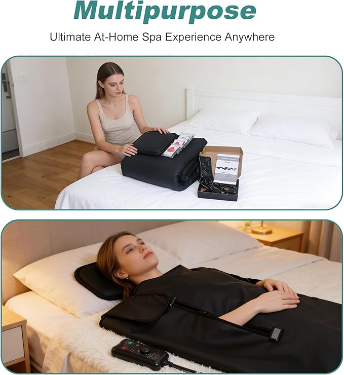 Infrared Sauna Blanket –Low EMF Safe with Support Pillow,Size 6 ft x 2.6 ft,Durable PU Leather Cover Detox & Relaxation at Home Adjustable Timer,5 Pcs Detox Bags,Gifts for Family