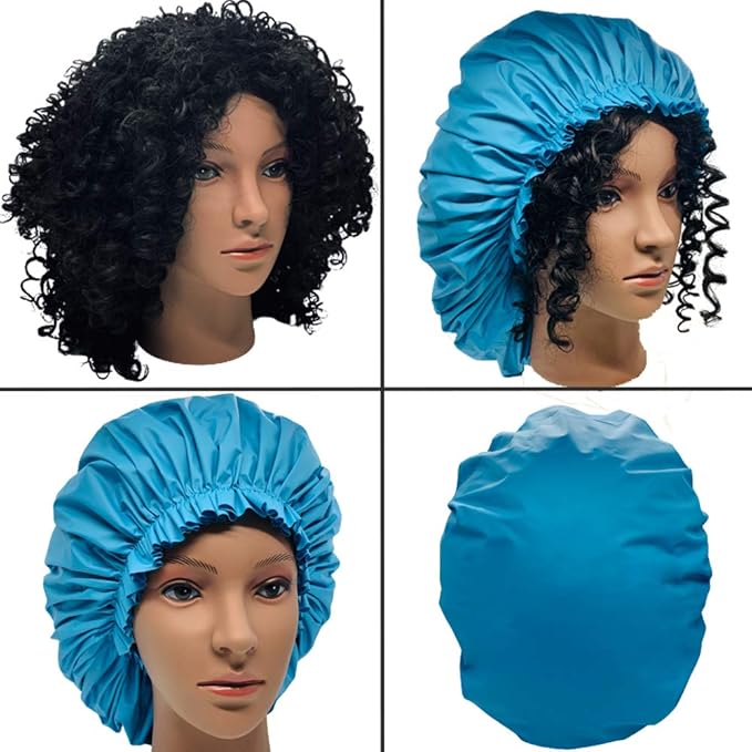 ELEBOX 4 Pack Premium Collection Super Jumbo Shower Cap Extra Large Shower Caps for Braids Shower Bonnets Women Waterproof Hair Caps for Spa Salon Shower Hat (X-Large, Black,Black,Blue,Gray)