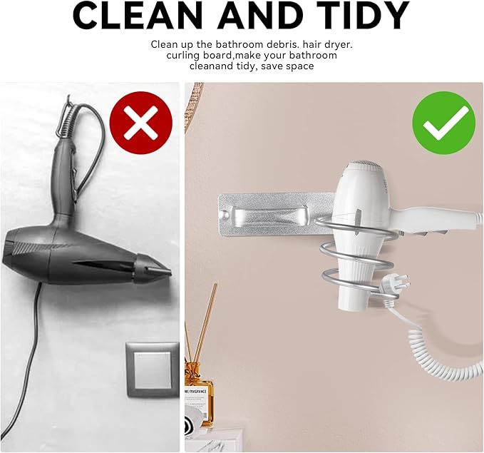 YUET Hair Dryer Holder Hairdryer Station Wall Mounted Shelf Bracket Straightener Stand Hanger Organizer Blow Storage with Cable Tidy Rack for Dressing Table Bathroom Aluminum Professional, Silver