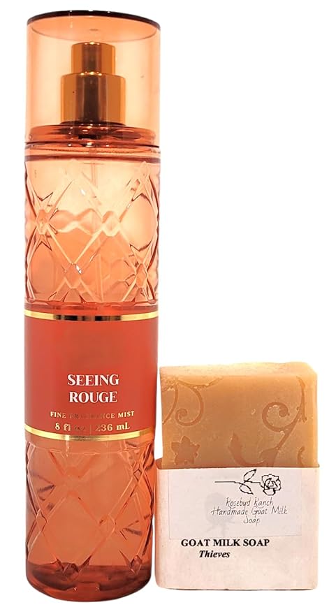 Bath and Body Seeing Rouge Fine Fragrance Mist Full Size Gift Set with Rosebud Ranch Goat Milk Soap Sample