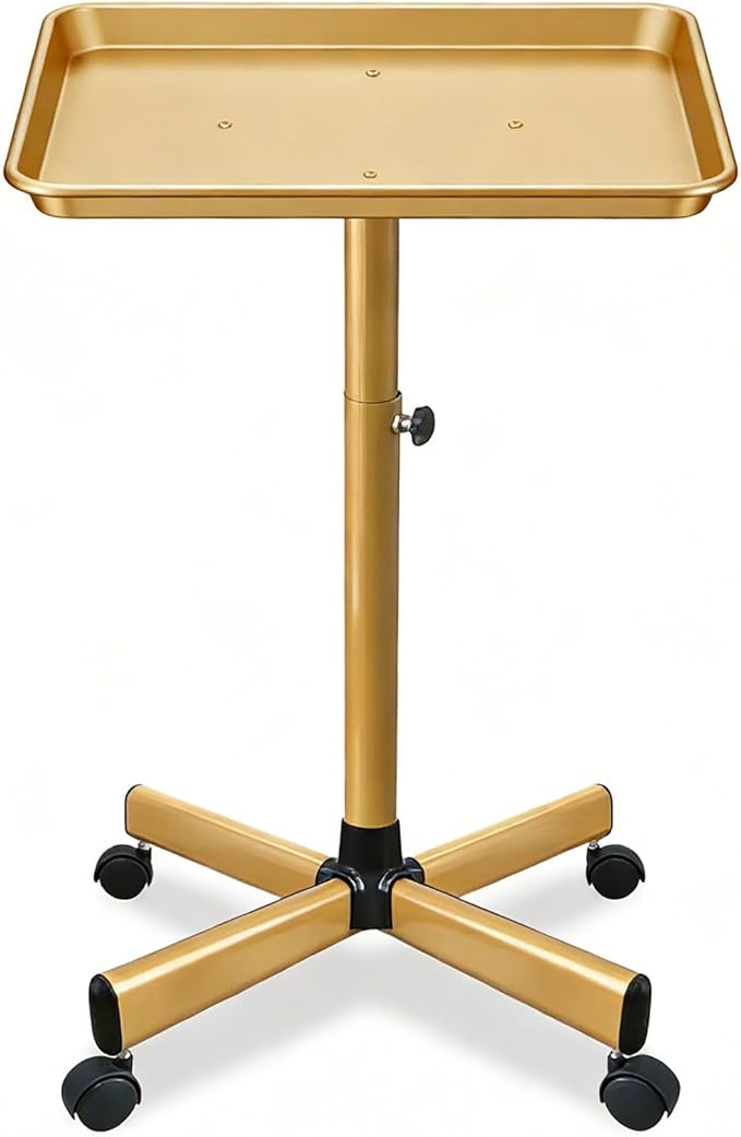 Salon Rolling Tray, Height Adjustable Tattoo Tray Rolling Cart, Storage Utility Trolley for Spa, Beauty Salon Service, Hairdresser Cart with Wheels, Black (Gold)