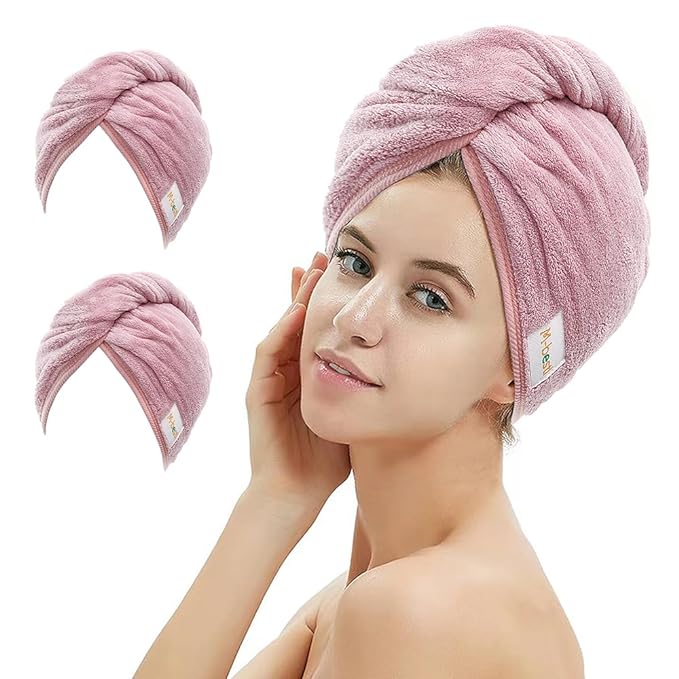 M-bestl 2 Pack Microfiber Hair Towel Wrap,Hair Drying Towel with Button Design,Head Towel to Dry Curly Hair Quickly (Bean Pink)