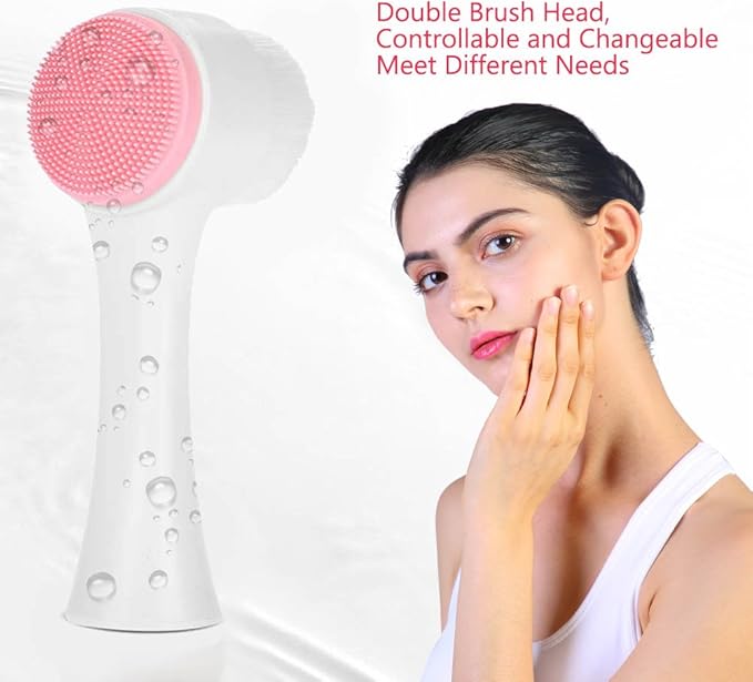 Fashionable 3D Double Face Brush for Deep Cleansing and Facial Massage – Exfoliating Silicone Brush Tool in Pink for Makeup Removal