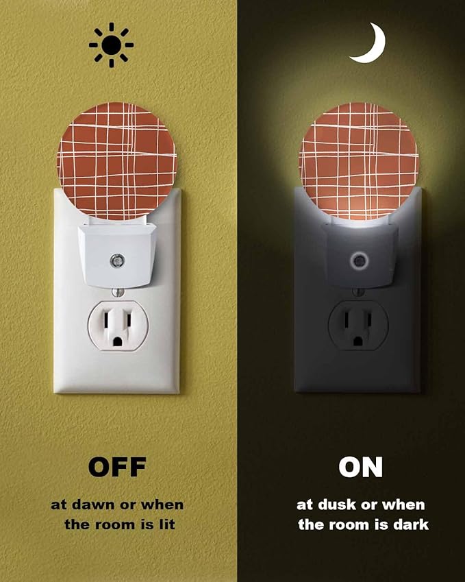 Night Lights Auto Sensor Orange Checked Plaid Night Light Minimalist Grid Lines Round Lamp Plug-in LED Nightlights Dusk to Dawn for Living Room Bedroom Bathroom Hallway Wall Decor