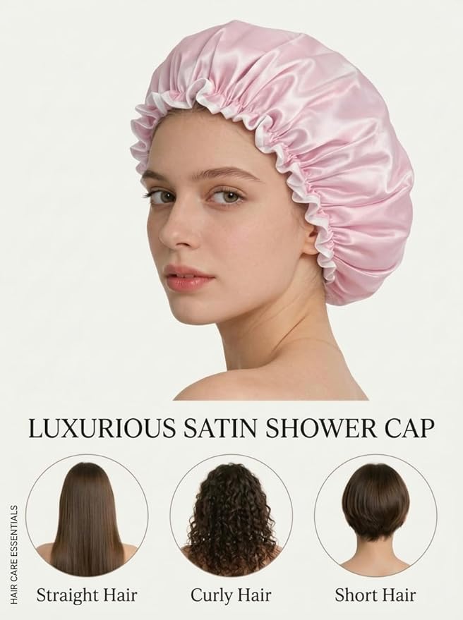 Aquior Shower Cap for Women, Waterproof Reusable Hair Cap with Soft Elastic, Large Size for Long Hair, Cute Pink Bath Cap for Shower, Skincare, Cooking, Spa and Travel Use