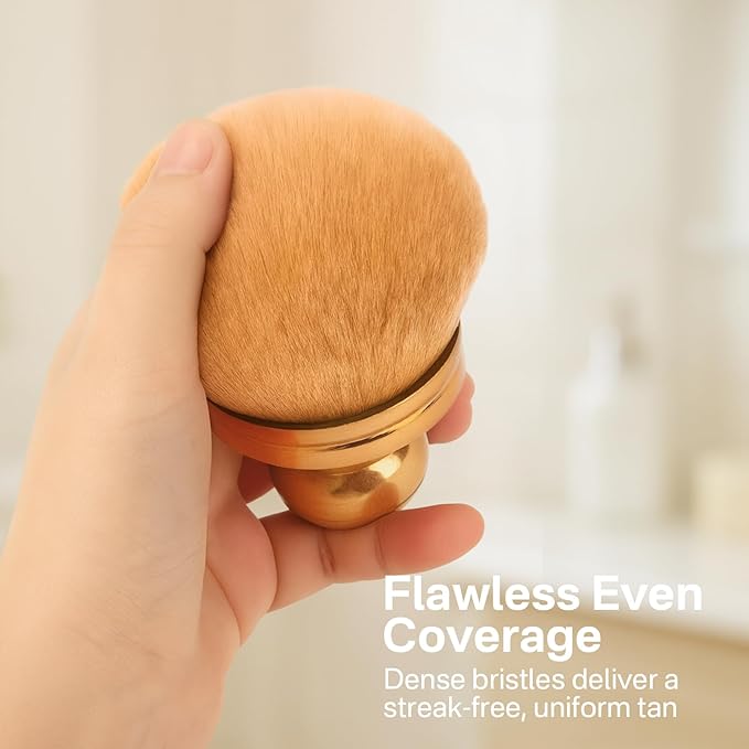 Kabuki Self Tanner Brush – Round Dome Blending Brush for Face & Body, Palm-Grip Applicator for Smooth, Streak-Free Tan | Soft Synthetic Bristles, Washable & Reusable (Gold)