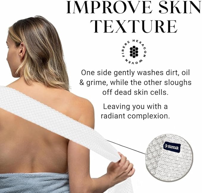 Sima Brand Exfoliating Washcloth Face & Body Scrub Towel - Japanese Exfoliating Towel with Hexagon Fibers, Body Scrubber with 2 Sides for Scrubbing & Washing, Extra Long Body Towels (White)
