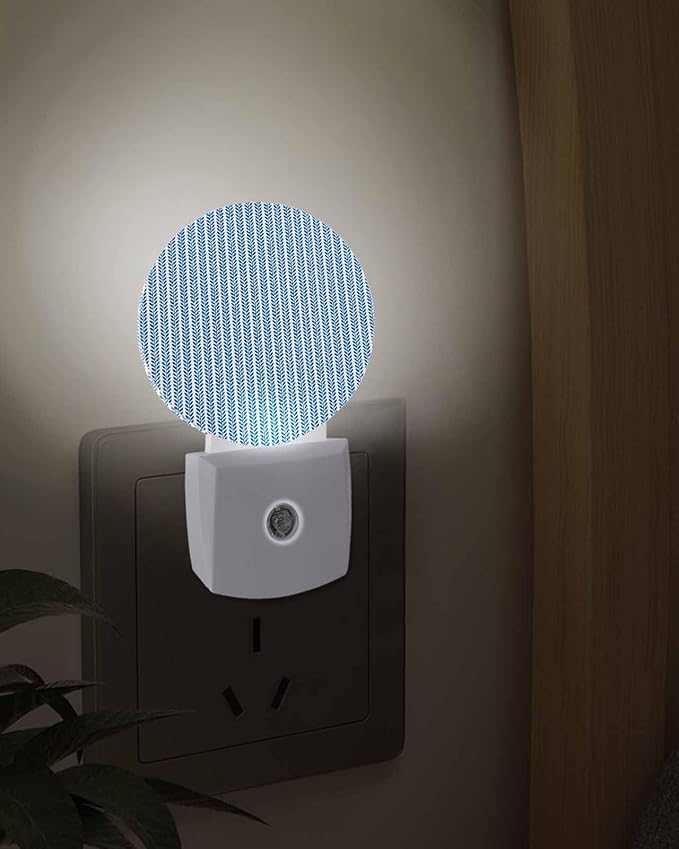 Night Lights Auto Sensor Blue Pinstripes Night Light Woven Denim Striped Round Lamp Plug-in LED Nightlights Dusk to Dawn for Living Room Bedroom Bathroom Hallway Wall Decor