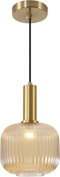 KCO Lighting Amber Glass Globe Pendant Light Mid Century Modern Kitchen Island Pendant Lighting Gold Single Pendant Light Fixture Vintage Brass Hanging Ceiling Light for Living Room Dining Room