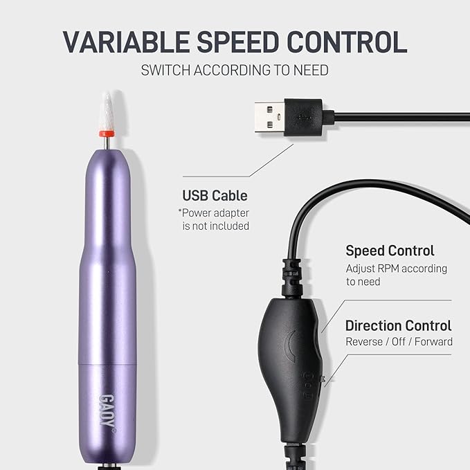 GAOY Electric Nail Drill for Acrylic and Gel, USB Electric Nail File, Portable Efile with Drill Bits, Manicure Pedicure Tools for Home Salon, Purple