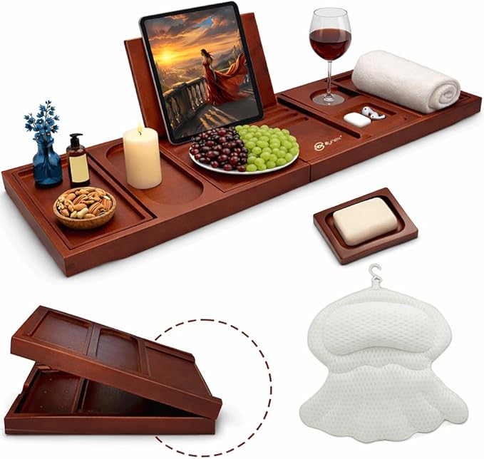 Bathtub Tray and Bath Pillows for Tub – Expandable Bamboo Bathtub Caddy with Phone & Wine Holder, Soft Bath Pillows for Tub & Head/Neck Support