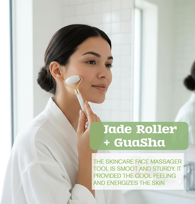 Gua Sha & Jade Roller Facial Tools Face Roller and Gua Sha Set for Puffiness and Redness Reducing Skin Care Routine, Self Care for Men Women (White)