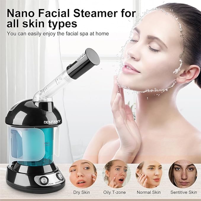 Facial Steamer - DENFANY Nano Ionic Face Steamer with Extendable 360° Rotating Arm - Portable Facial Steamer for Personal Care at Home or Salo （Black）