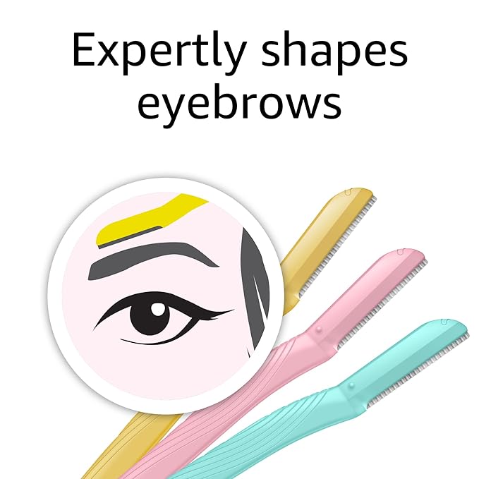 Amazon Basics Women's Dermaplaning Tool, Peach Fuzz Remover, Facial Hair Removal, Exfoliating Face Razor with Microguard Blade for Safe Eyebrow Shaping, Includes Blade Cover, Multicolor, 3 Count