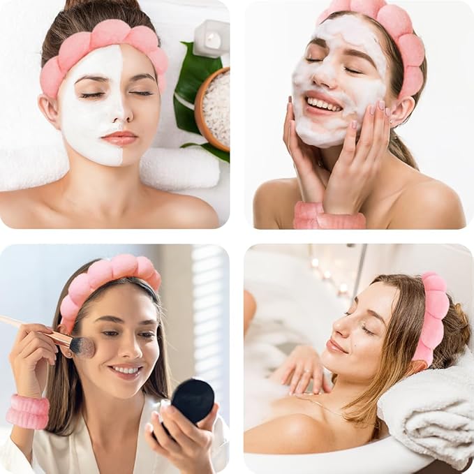 Spa Headbands for Washing Face Wristband Set Sponge Makeup Skincare Headband Wrist Towels Bubble Soft Terry Towel Cloth Hairband for Women Puffy Headwear Non Slip Thick Thin Hair Headwear (Peach pink)
