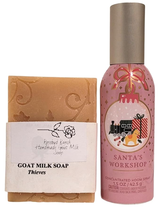 Bath and Body Santa's Workshop Room Perfume Room Spray 1.5 oz with Rosebud Ranch Goat Milk Soap Sample