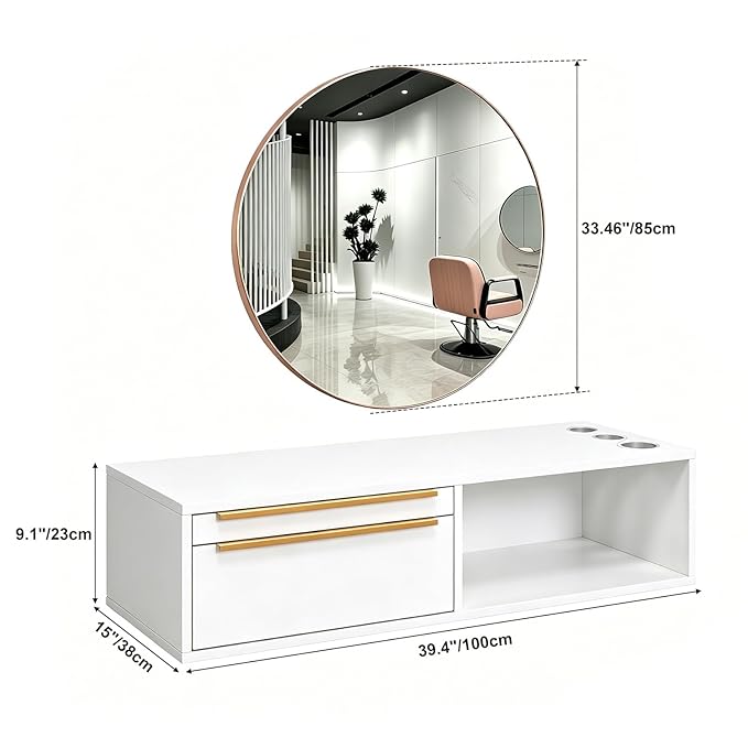 OmySalon Wall Mount Salon Station with Mirror, Hair Stylist Cabinet with Dryer Holders, Drawers & Shelf for Barbershop, Beauty SPA, Bathroom, White