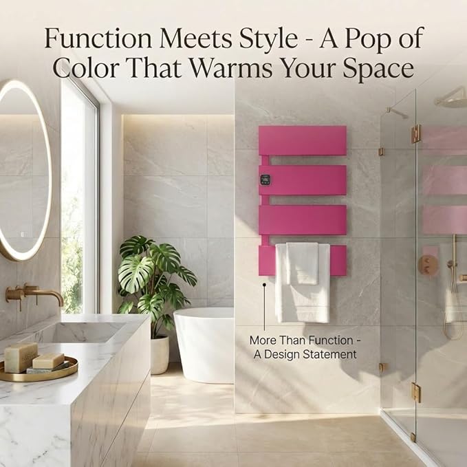 Electric Towel Warmer, Heated Towel Rack with Thermo Control and Timer, Fast Heating Towel Rail for Bathroom with Memroy Function, Work with Smart Plug, Left-Wiring, 4 Panel, Pink