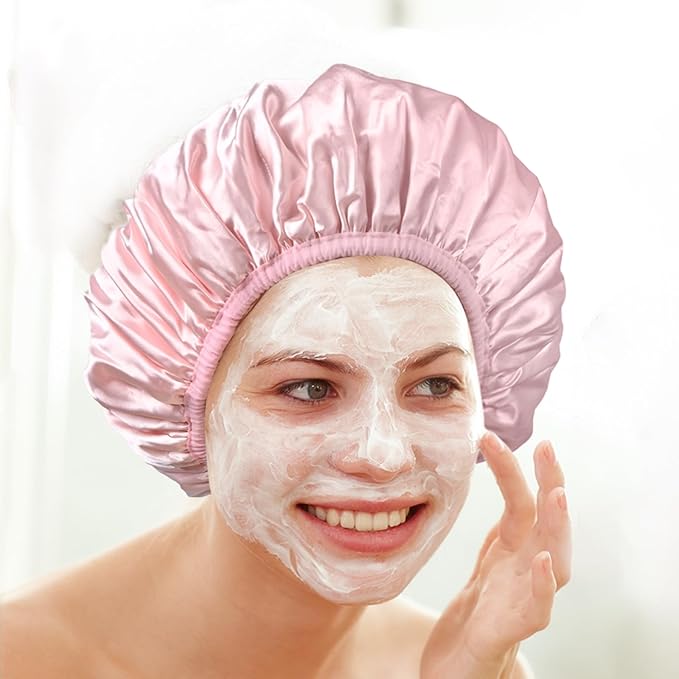 Three-Layer Terry Cloth Lined Satin Shower Cap, with Silk Hair Ties, Microfiber Waterproof Reusable Large Size Shower Cap for Women Long Thick Hair (Pink)