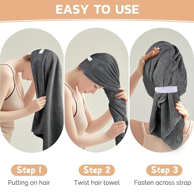 SUNLAND Microfiber Hair Towels Anti Frizz Hair Drying Towel Super Absorbent Fast Drying Turbans for Wet Curly Hair Soft Hair Towel Wrap with Elastic Band for All Hair Types 40 X 28 inches 2Pack Grey