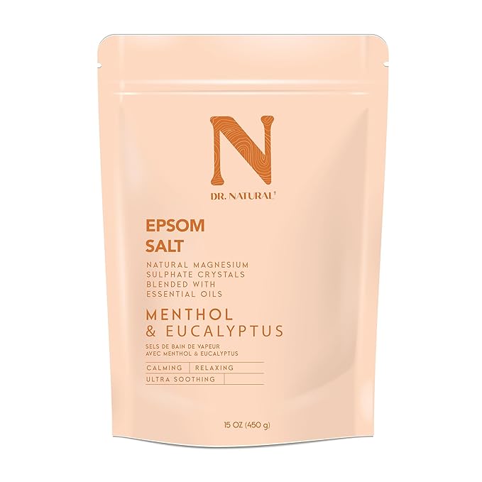 Dr. Natural Epsom Salt - Bath Salts for Stress Relief - Relaxing, Softening Epsom Salt Bath Soak - Magnesium Boost - Menthol and Eucalyptus - 15 oz