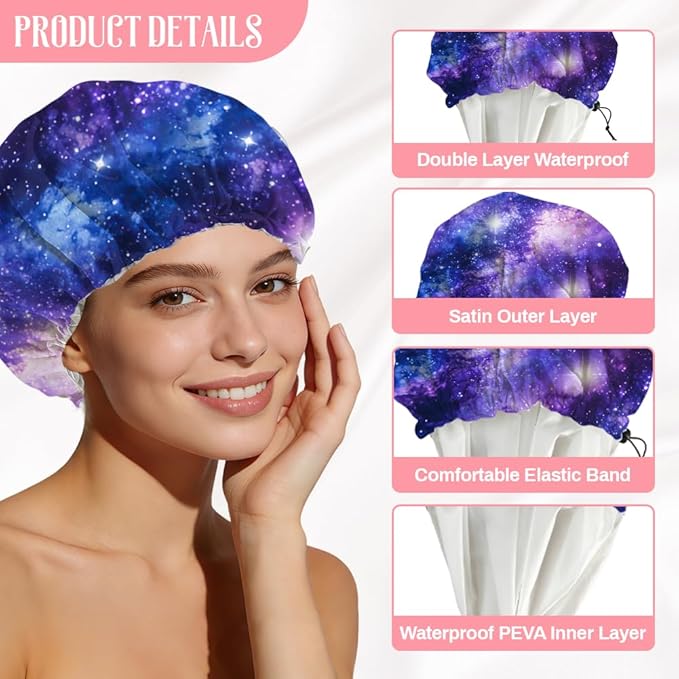 Starry Sky Reusable Shower Cap Milky Way Double Layer Waterproof Shower Caps Large Elastic Hair Cover Adjustable Hair - Drying Caps for Woman Man Bath SPA Travel One Size Fits Most