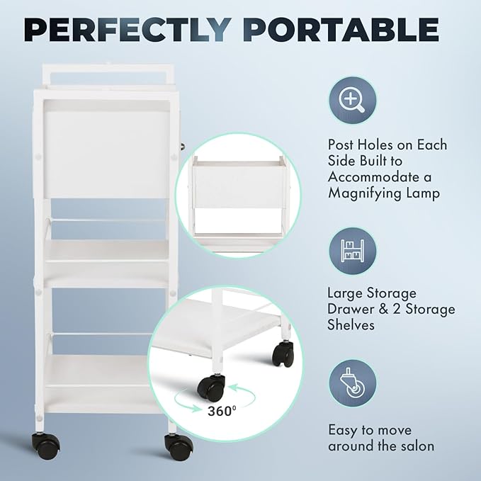 Buy-Rite Jenny Trolley Cart - 3-Tier Rolling Utility Cart for Spas, Estheticians & Salons, White Wood Organizer with Drawer, Open Shelves, Post Holes & Smooth Casters - Model TS-4205