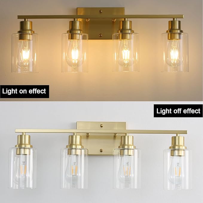 4-Lights Gold Bathroom Light Fixture, Brushed Brass Vanity Light with Clear Glass Shade, Modern Bath Wall Lights for Living Room, Hallway, Bedroom