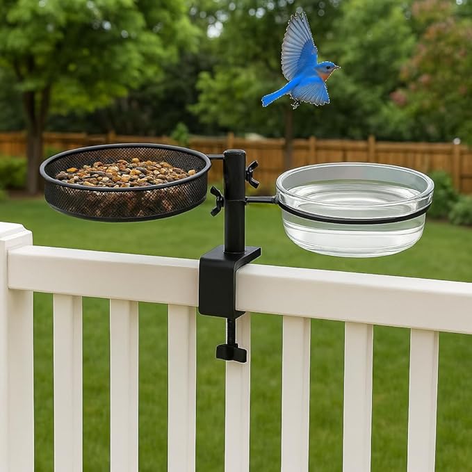 Deck Bird Feeder and Bath with Metal Mesh Tray and Water Bowl – Deck Railing Bird Feeder Mount for Attracting Birds - Detachable, Adjustable, Heavy Duty – Complete with Cleaning Brush and Seed Scoop
