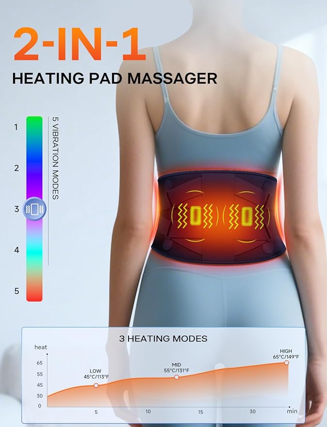 ALLJOY 67" Cordless Heating Pad for Back Pain Relief FSA Eligible HSA, Birthday Gifts for Women Men Mom Dad, Portable Lower Back Massager with 3 Heat 5 Vibration, Wireless Heating Pad for Cramps