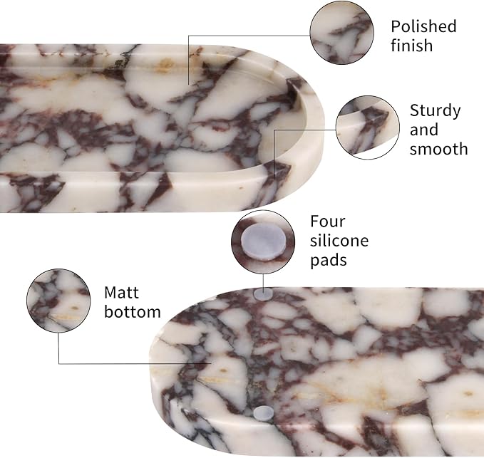 Natural Marble Tray Oval, Bathroom Vanity Tray for Countertop, Elegant Stone Decorative Organizer for Perfume, Jewelry, Home Decor (1, Calacatta Viola, 10 x 5 x 0.6)