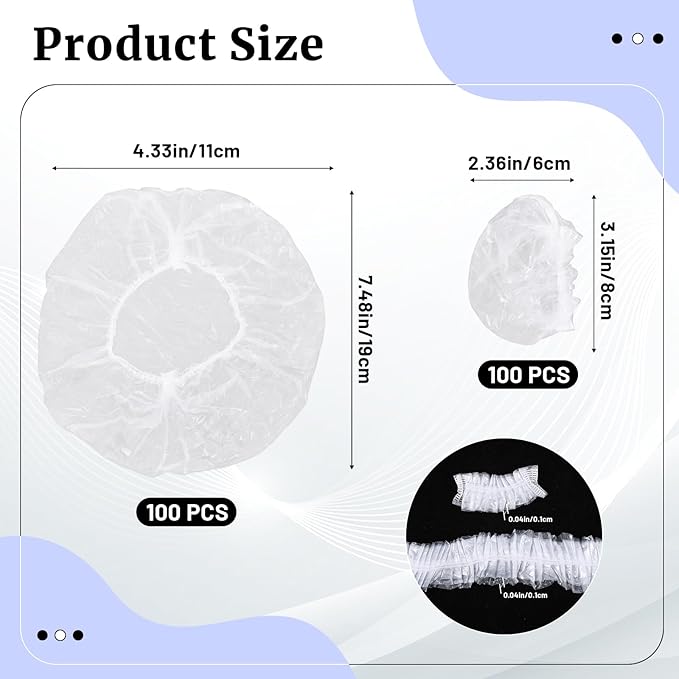 Qianyu 100 PCS Disposable Shower Caps and 100 PCS Earmuffs, Clear Plastic Hair Cap Thick Elastic Waterproof Bath Caps for Women Men Bathing Hair Treatment Home Spa Hotel Travel Beauty Salon