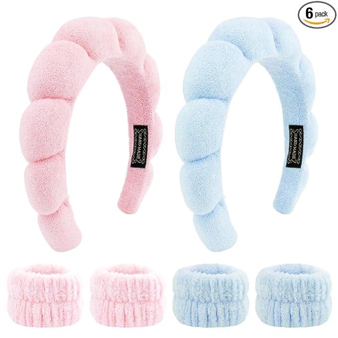 SPA Headbands for Washing Face Makeup Headbands with Bow Hair Band Women Facial Head Band Wrist Towel Wraps For Shower Face Mask Blue Pink, 6 Pack